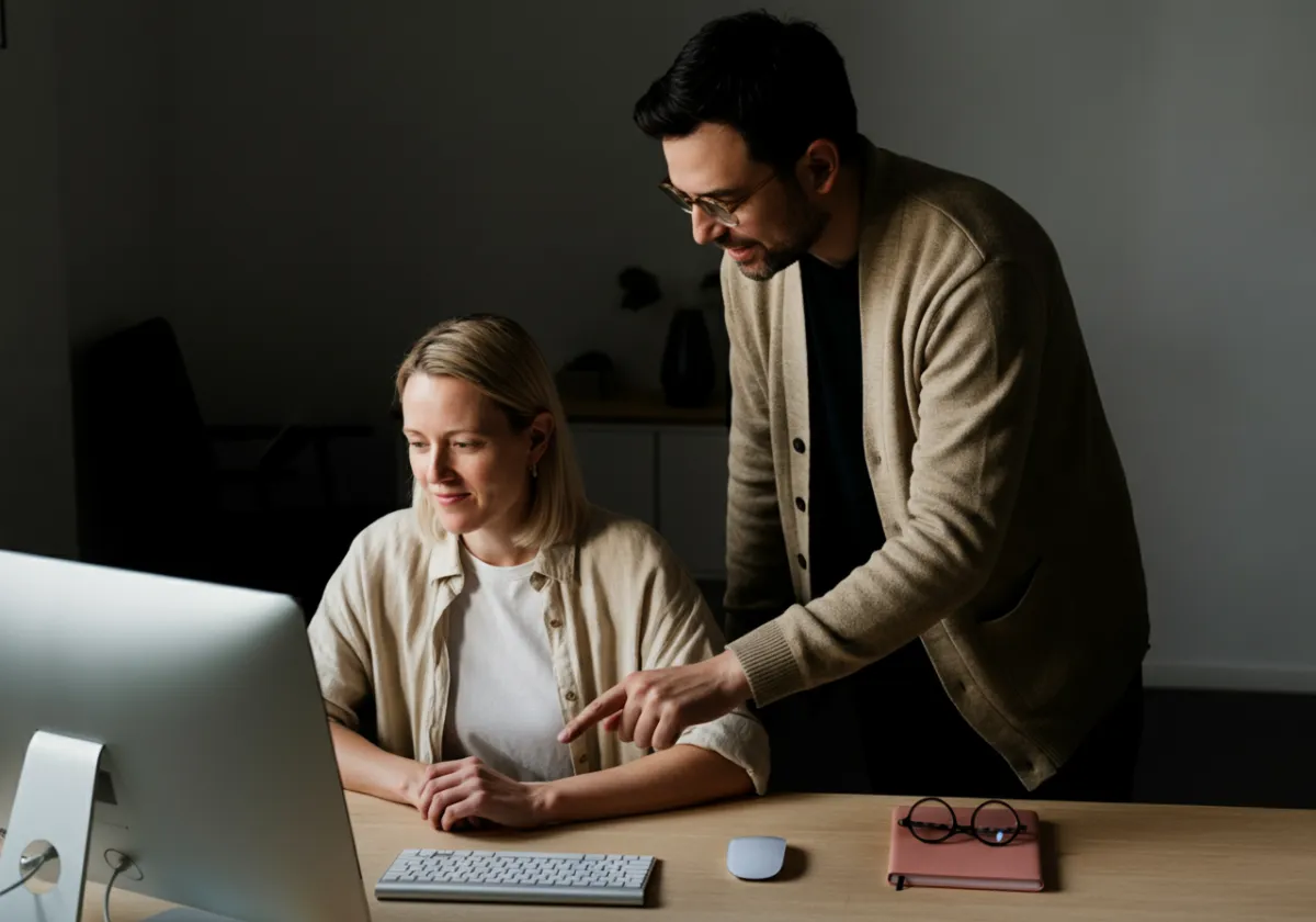 Empreendedores gerindo uma loja online com computador